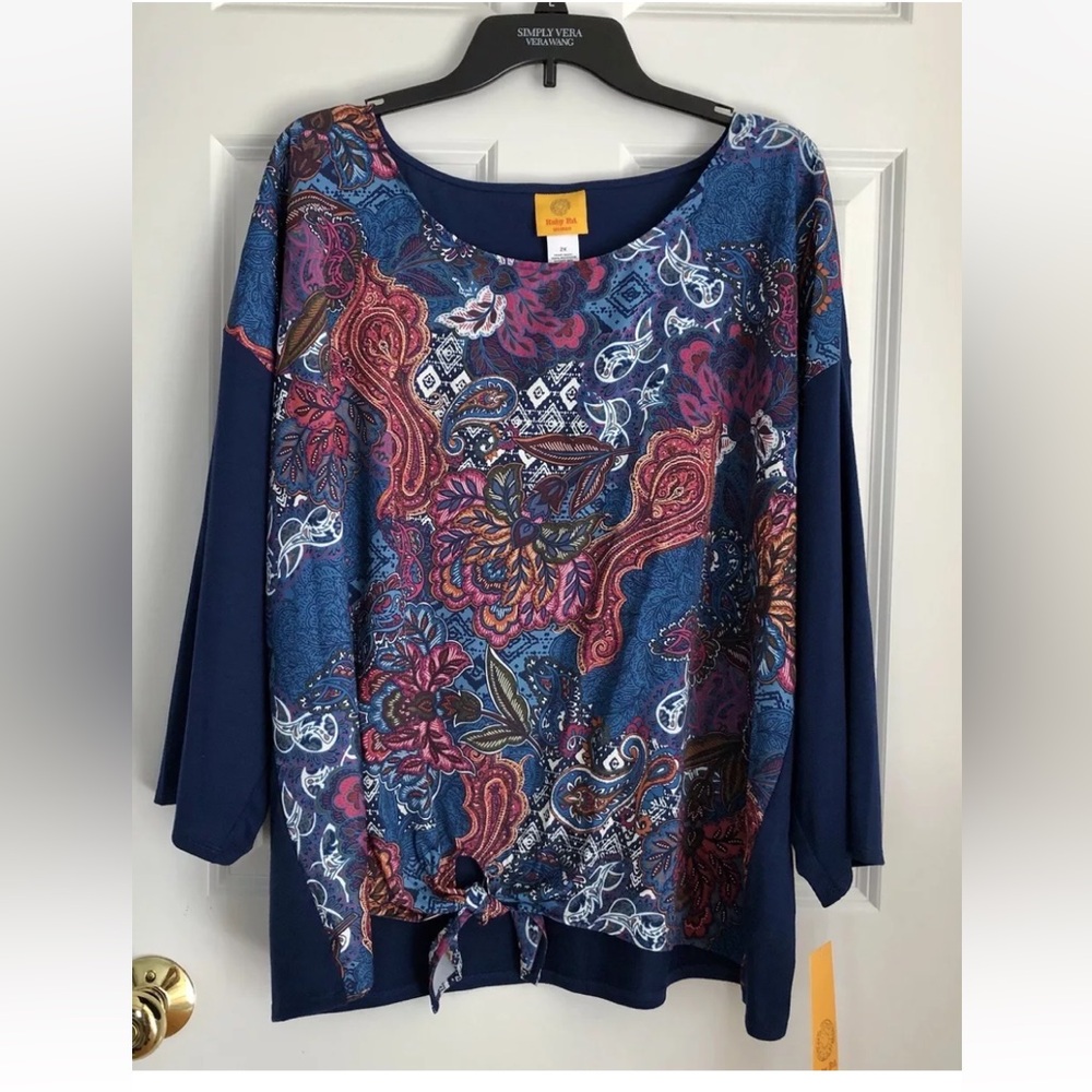 RUBY RD. TOP PLUS SIZE 2X ABSTRACT PAISLEY TIE FRONT 3/4 SLEEVES  PULLOVER